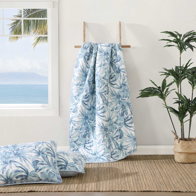 Tommy Bahama Aubrey Cotton Reversible Quilt Set, Blue Floral, King Quilt + 2 King Pillow Shams