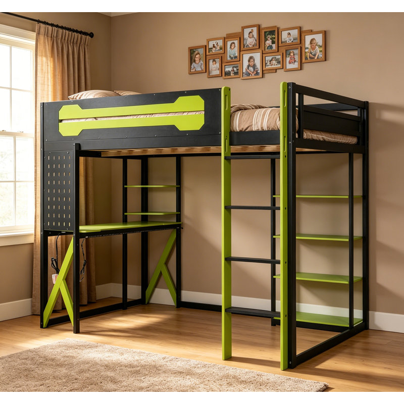 Lit mezzanine en bois pleine grandeur avec bureau, tablettes, prises de courant, ports USB / Type-C et lumière RVB, noir et vert