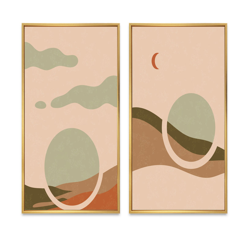 «Retro Sunrise Landscape with Moon I», ensemble de 2 impressions, H 20 po x l 24 po x P 1 po, Toile avec cadre doré