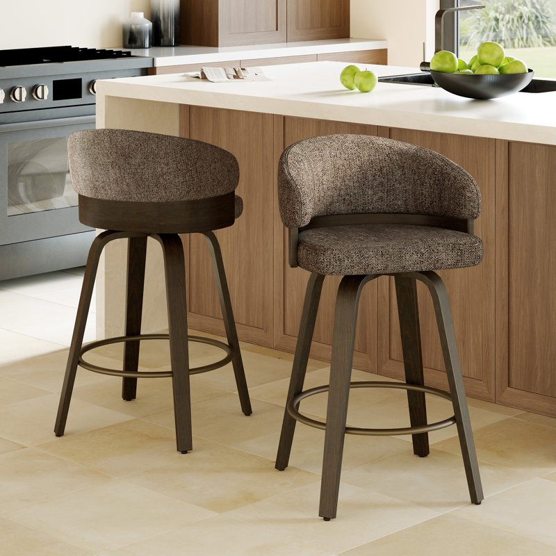 Tabouret de bar pivotant rembourré de 66 cm (26 po) avec cadre en bois, Brown Seat/Smoked Oak Frame