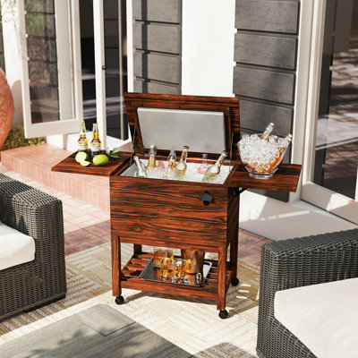 Rolling Wooden Patio Cooler Cart 51L Outdoor Ice Chest Cooler Cart-Brown