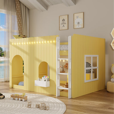 Lit mezzanine pour enfant pleine grandeur avec guirlande lumineuse DEL jaune primevère