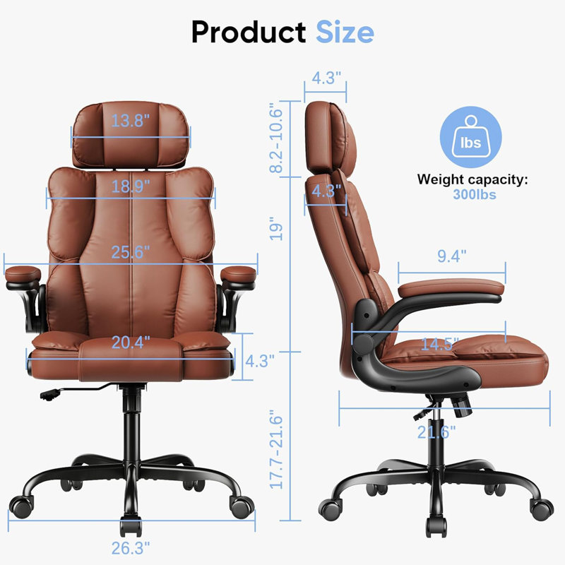Executive Leather Office Chair (Brown) – Ergonomic Desk Chair With Thick Cushion, Lumbar Support, Adjustable Headrest & Armrests