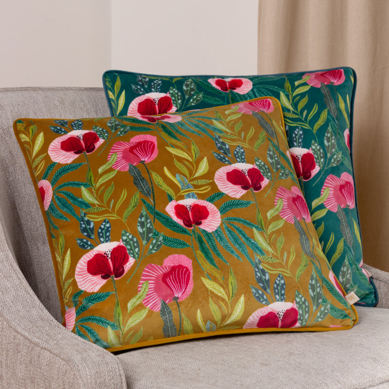 Floral Square Cushion, Teal, Polyester