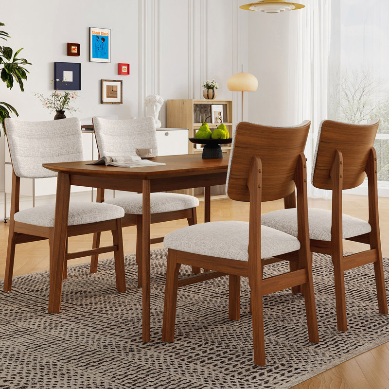 Ensemble de table de salle à manger Farmhouse pour 4, table de cuisine en bois et 4 chaises rembourrées avec structure en bois d'hévéa robuste, siège rembourré, dossier incurvé, ensemble de coin-repas peu encombrant pour la salle à manger, brun et beige