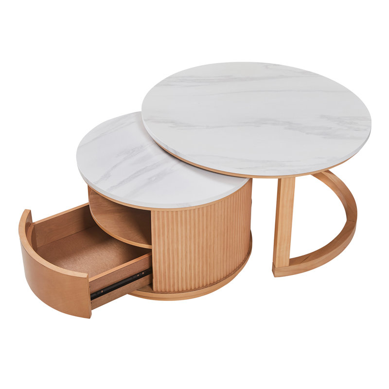 Table basse ronde gigogne avec plateau en marbre blanc, rangement à 2 niveaux et 1 tiroir