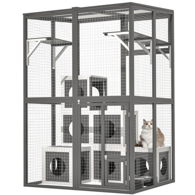 Outdoor Wooden Cat Catio - Large Solid Wood Cat Cage Playpen with 2 Jumping Platforms & 7 Napping Houses, Walk-in Cat Kennel Condo Shelter, Grey