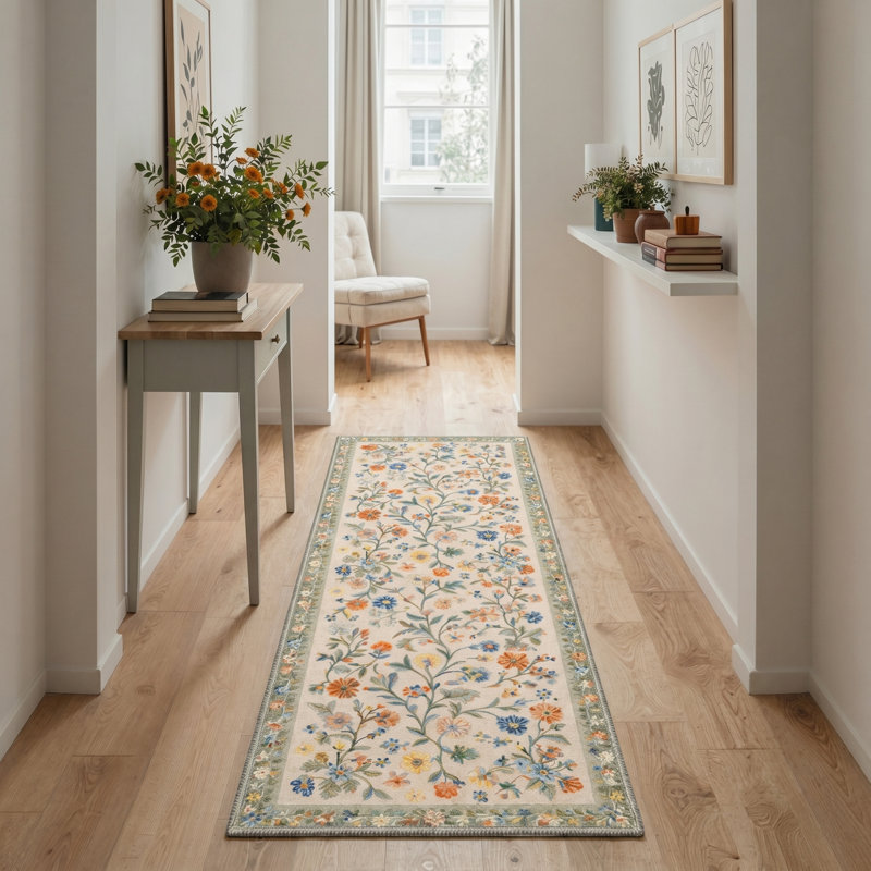Verona Floral Machine Washable Green / Beige Indoor Area Rug with Non-Slip Backing, Runner 2' x 7'