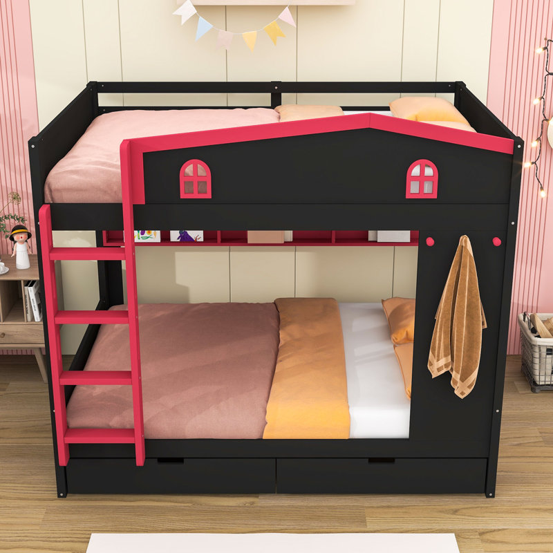 Bunk Bed with Storage Drawers and Shelves, Queen, Black/Red