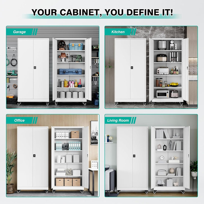 Grande armoire de rangement en métal avec roulettes - rangement de garage roulant avec serrure, tablettes en métal blanc, armoire à outils mobile pour le garage, la maison, le bureau ou le magasin