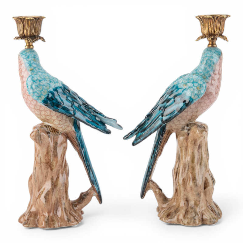 Porcelain Blue Parrot Candle Holder Pair with Bronze Ormolu