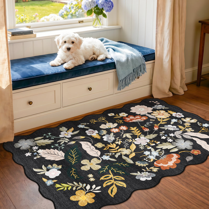 Hallway Rug Washable: Extra Long Floral Scalloped Carpet Non Slip Boho Rug for Indoor Entryway Stain Resistant Rug for Living Room