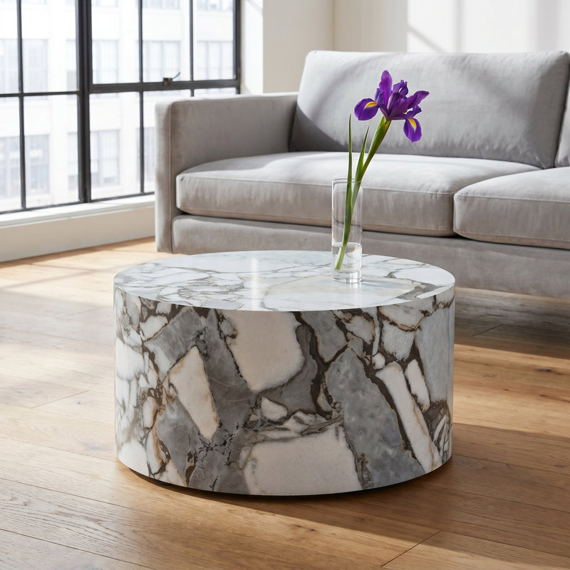 Table basse cylindrique texturée en marbre avec bords arrondis et patins antidérapants, table d'appoint en bois aggloméré à motif de pierres grasses