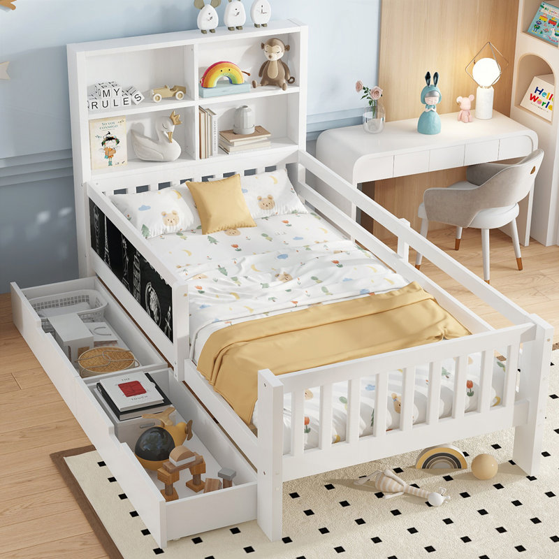 Lit avec rangement et tiroirs en bois, Simple, Blanc
