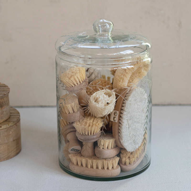 Pot en verre soufflé à la main avec motif botanique gravé et couvercle