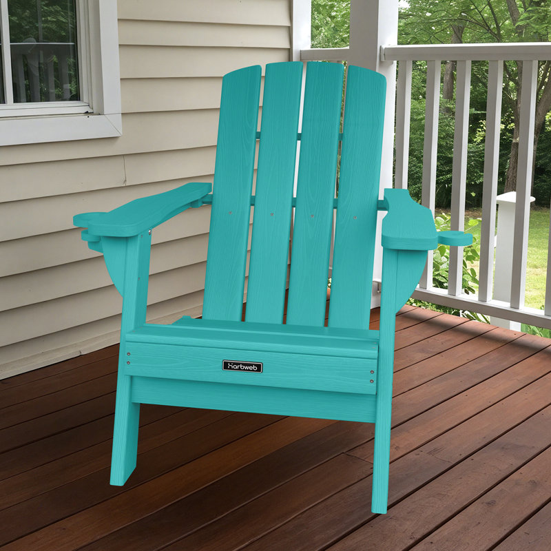 Adirondack Chair Wood Texture HDPE Folding Patio Chair Fire Pit Chair With Cup Holder, Lake Blue
