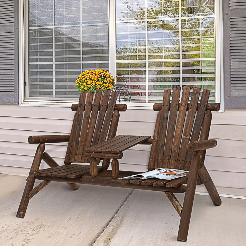 2-Seat Wooden Adirondack Chair, Patio Bench With Table, Outdoor Loveseat Fire Pit Chair, Brown