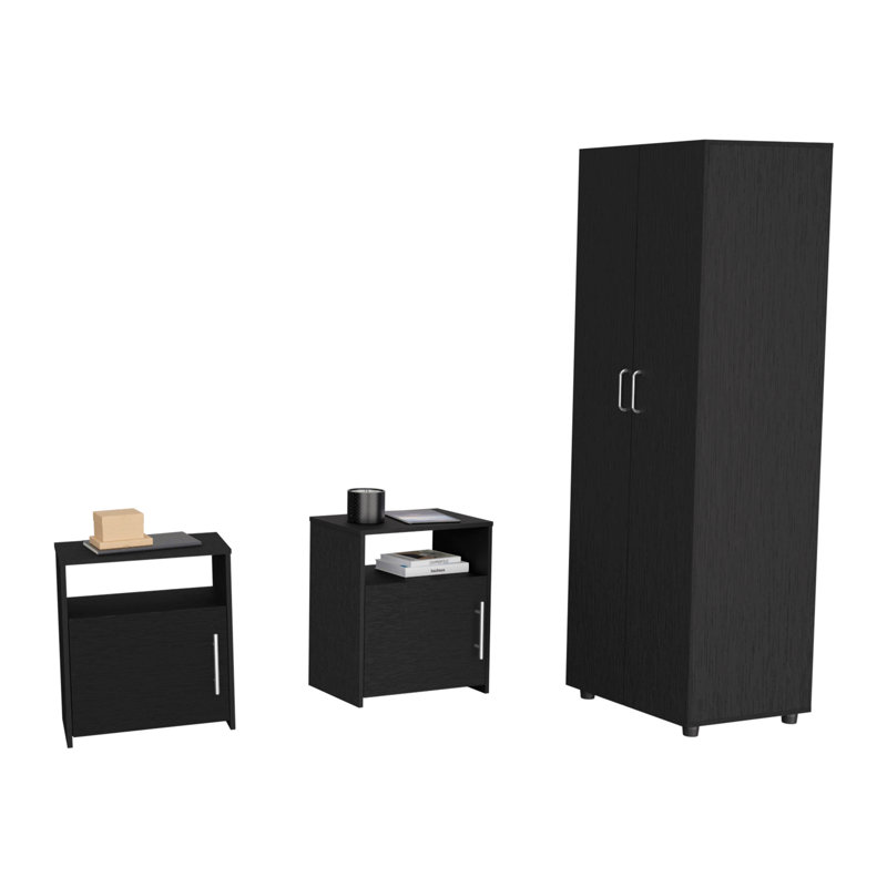 Ensemble de chambre à coucher 3 pièces, armoire avec 2 tables de chevet, noir