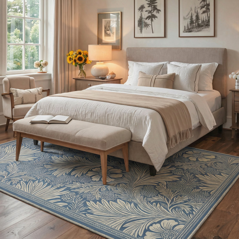 Aflora Floral Machine Washable Celestial Blue Indoor Area Rug With Non-Slip Backing, Rectangle 9' x 12'