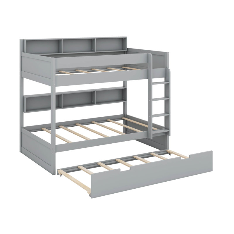 Lit superposé avec lit gigogne, lit superposé en bois avec tablettes de rangement, échelle et garde-corps, Grey