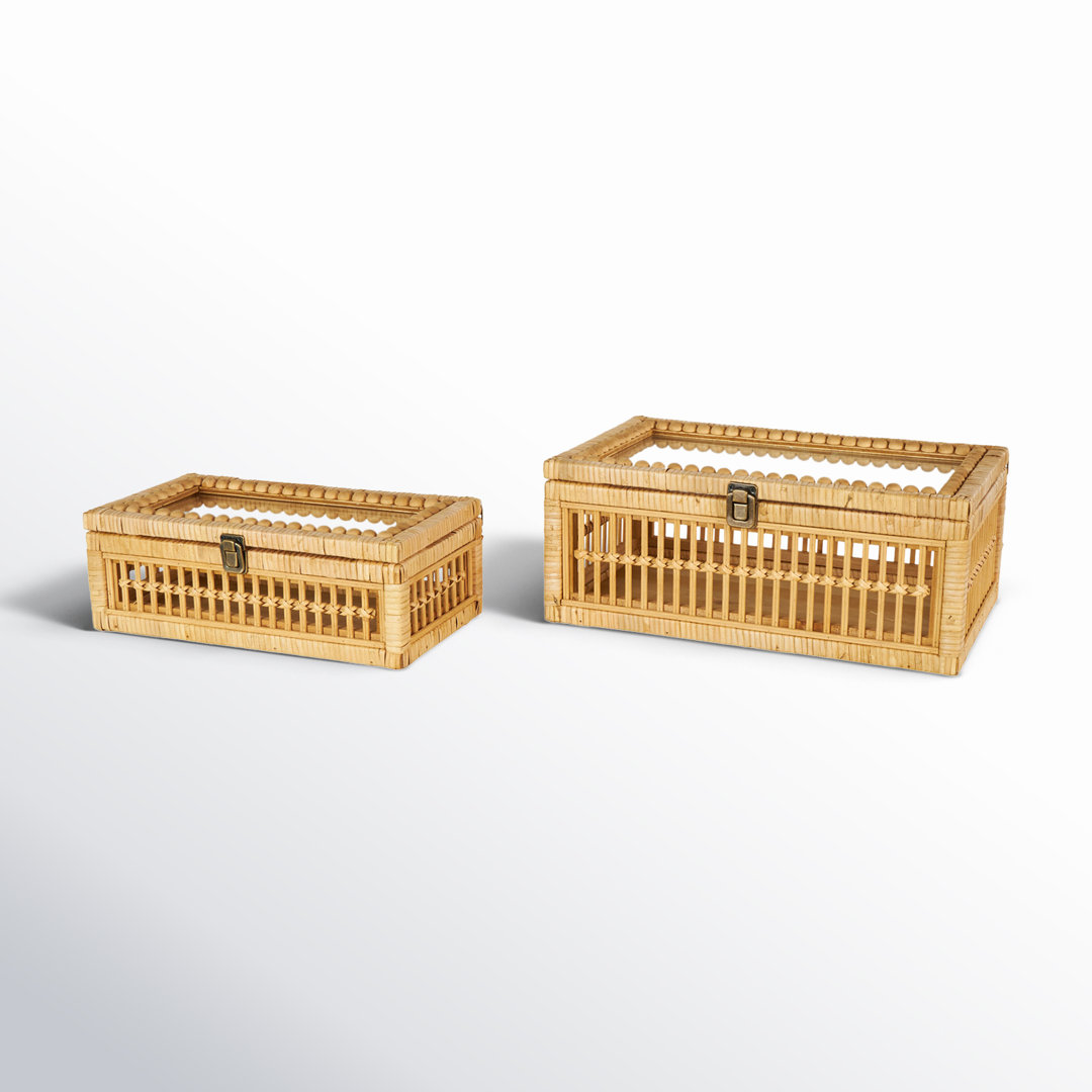 Avignon Rattan Handmade Woven Storage Decorative Box With Glass Top And Bronze Latches (Set of 2) Birch Lane™