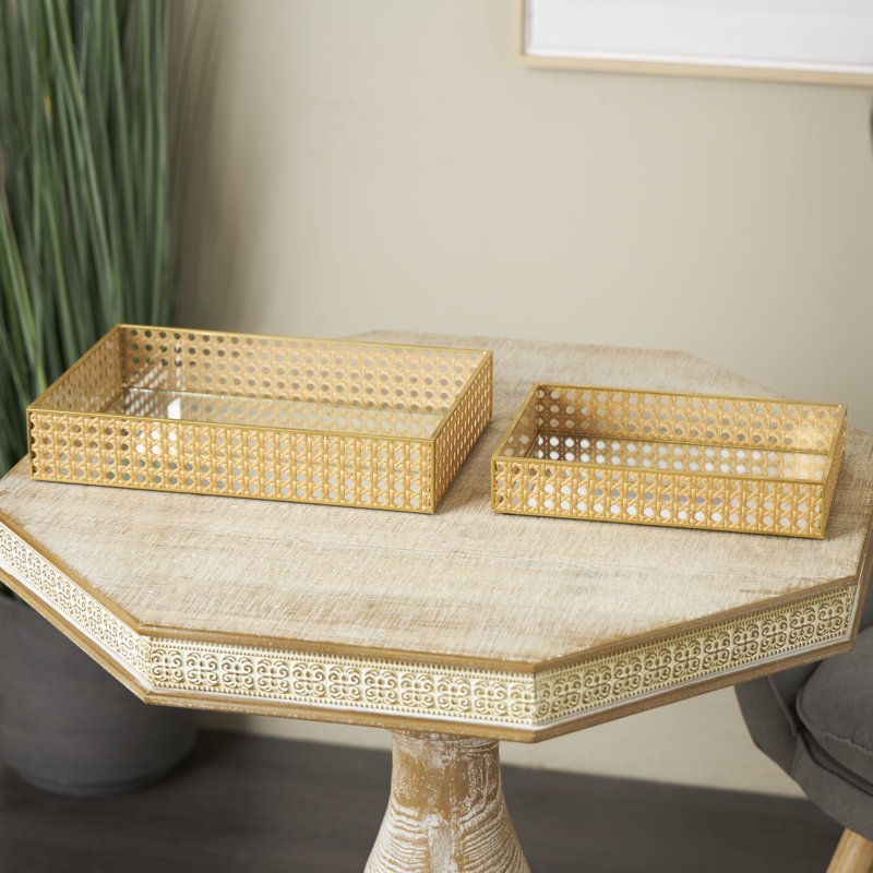 Plateau décoratif Borislavka en rotin tissé brun avec miroir en verre