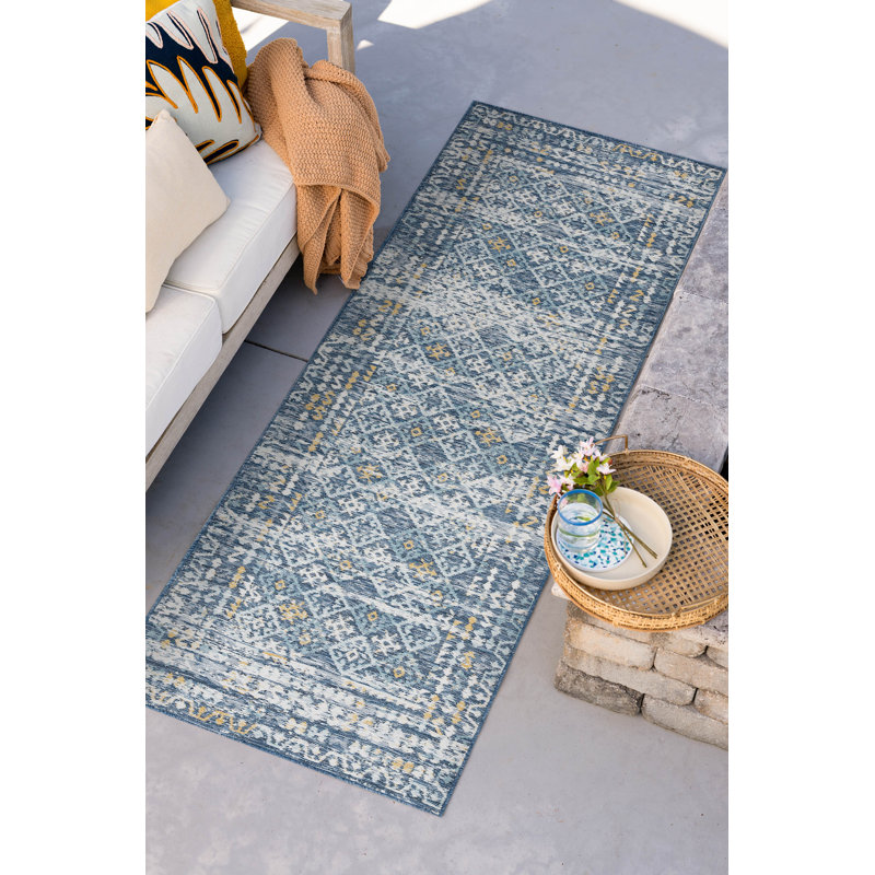Deltufo Moroccan Reversible Flatweave Polypropylene Indoor / Outdoor Area Rug - Navy , Runner 2'8'' x 7'3''