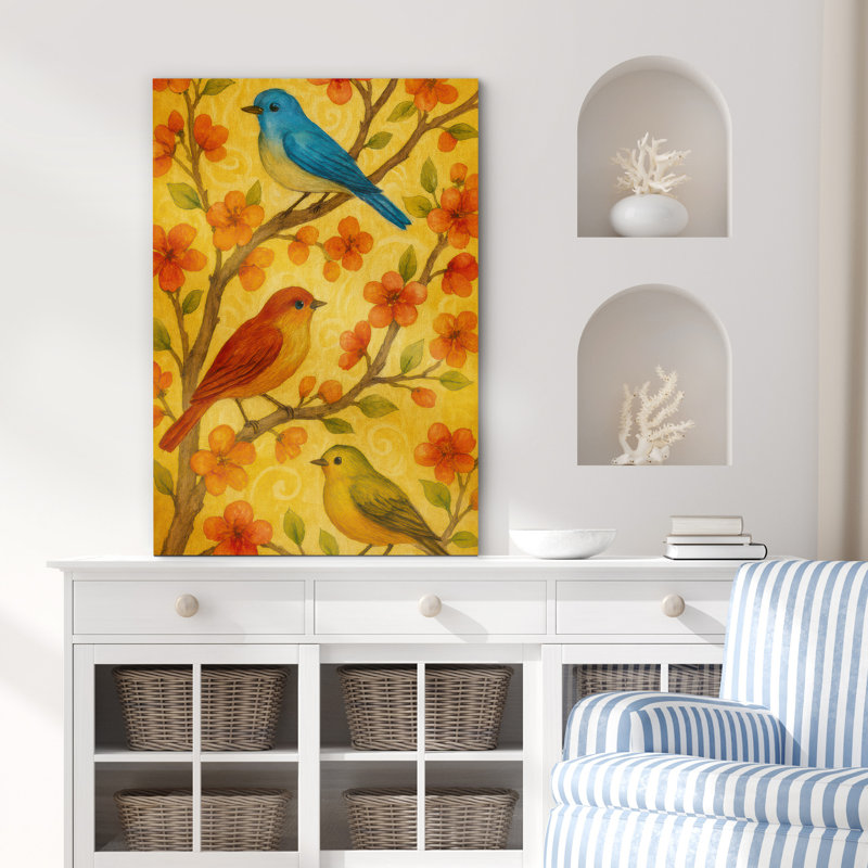 «Colorful Songbirds on Spring Blossoms» sur fond jaune chaleureux - reproduction d'art sur toile encadrée, Toile tendue