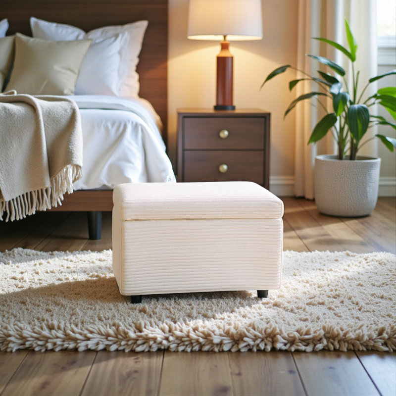 Corduroy Upholstered Storage Ottoman, Beige