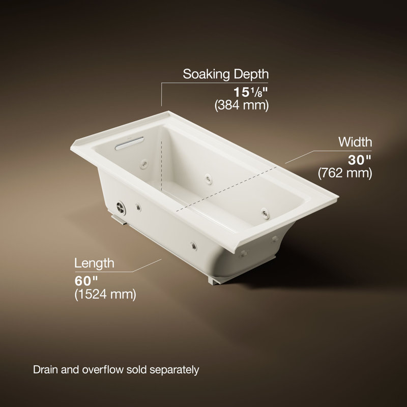 Archer® 60" x 30" Drop-in Whirlpool Bathtub, Biscuit, Left
