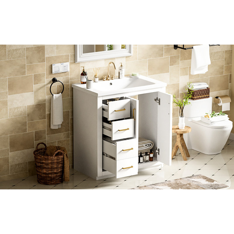 Armoire de salle de bain 30 po en céramique et meuble-lavabo moderne en bois massif avec 3 tiroirs pour une organisation soignée