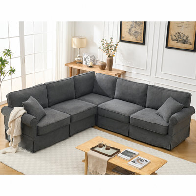 Ensemble de canapé modulaire modulaire, canapé convertible en forme de L, 5 sièges, canapé modulaire réversible, rembourré, canapé d'angle, accoudoirs roulés, tissu en lin doux