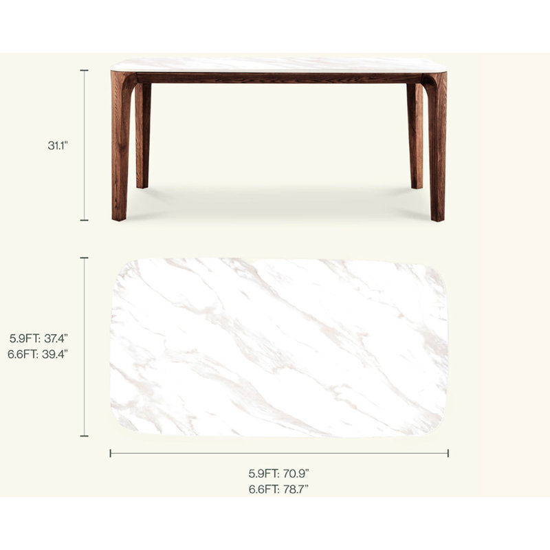 Table de salle à manger rectangulaire moderne de 5,9 pi avec plateau en céramique et structure en bois de frêne massif teint noyer, givré, hygiénique, imperméable, léger et résistant à la chaleur