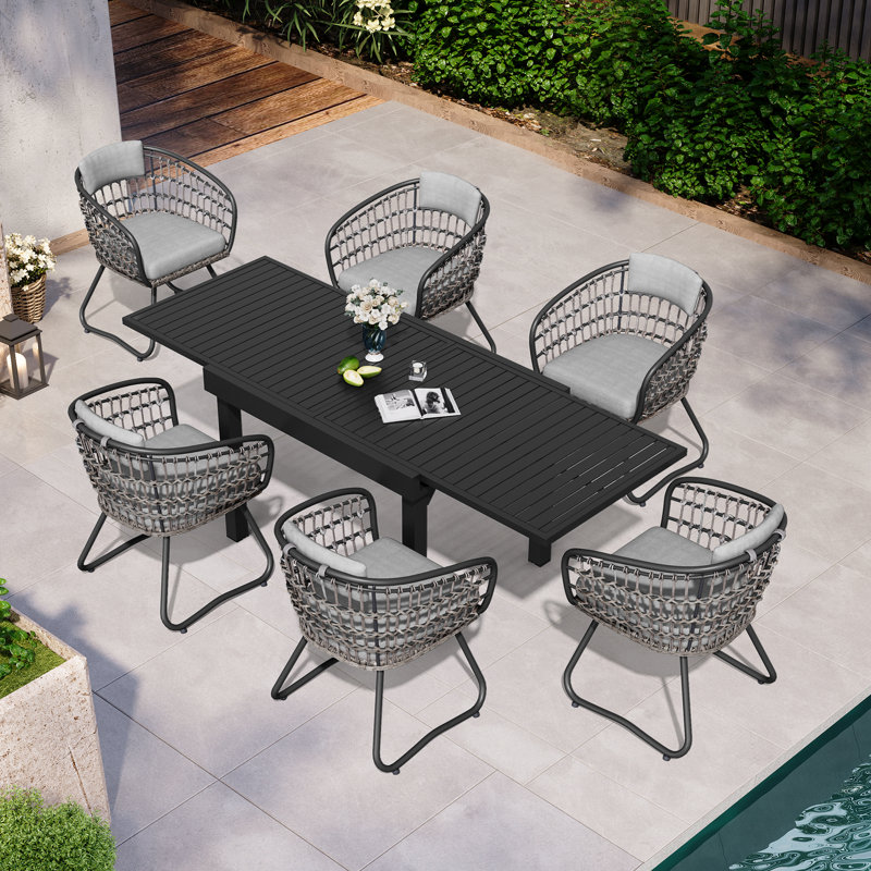 6 - Person Aluminum Extendable Outdoor Dining Set with Removable Cushions, Gray, 6