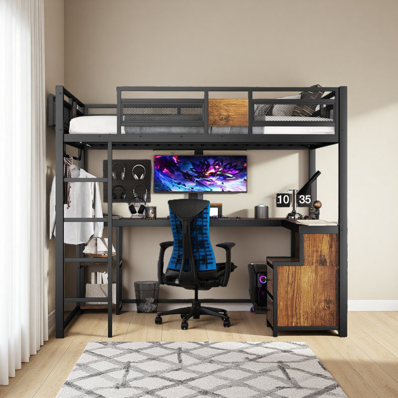 Grand lit mezzanine avec bureau et tiroirs de rangement en tissu non tissé, cadre de lit mezzanine en métal avec échelles, sans nosie et sans sommier