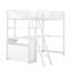 Lit mezzanine simple en métal et bois avec bureau et tablettes, deux tiroirs intégrés, blanc