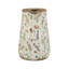 Vase rond en céramique avec motifs floraux multicolores, texture artisanale, rebord rustique et fonctionnalité d'affichage polyvalente.