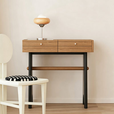 31.5" Mid-Century Flip-Top Mirror Ash Wood Vanity Table – Birch Drawers with Multi-Compartment Storage, Creative Sculptural Legs, Multi-Functional Bedroom Makeup Desk for Grooming & Reading