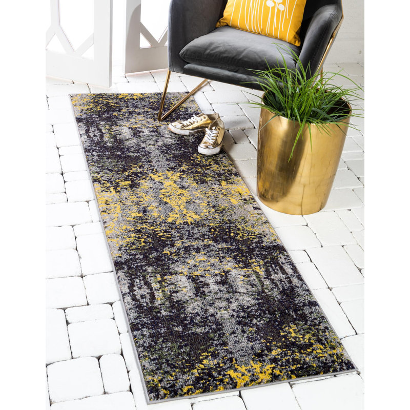 Tapis abstrait jaune / gris / mauve Eddins, Tapis de couloir 2 pi 2 po x 6 pi 7 po
