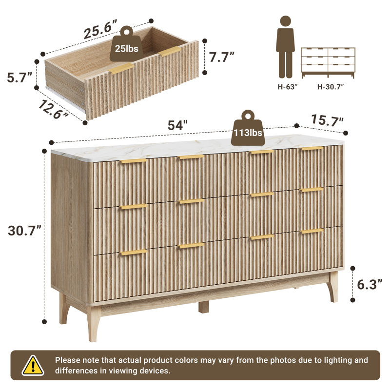 6 Drawer 54" W  Modern Fluted Dresser, Natural