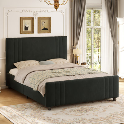 Velvet Upholstered Platform Bed with Tall Channel-Tufted Headboard and Footboard