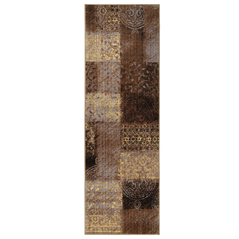 Hadley Damask Geometric Design 100% Nylon Non-Slip Indoor Area Rug, Runner 2'7" x 6'