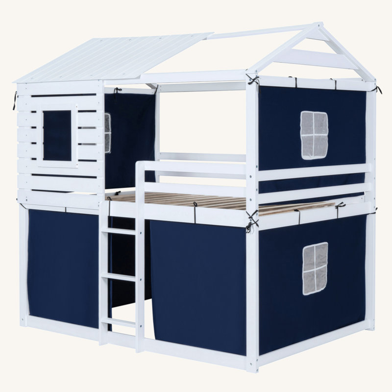 Lit superposé en bois avec tente, Bleu, Full