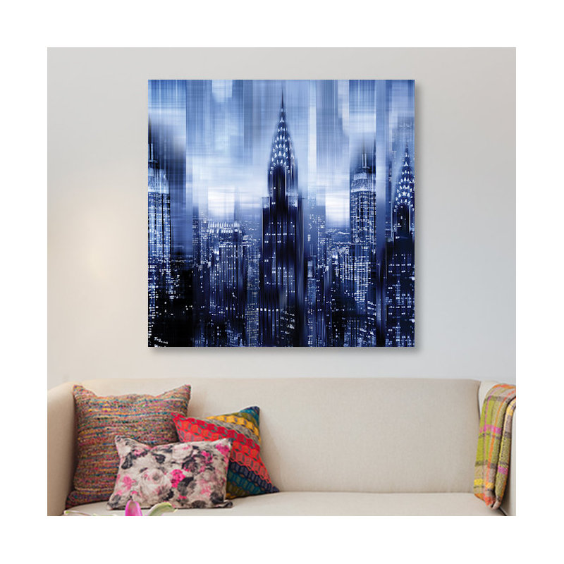 «NYC - Reflections in Blue I», impression sur toile, H 18 po x l 18 po x P 1,5 po, Toile avec cadre noir, Pas de tapis