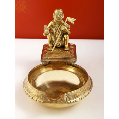 9" Handmade Brass Kanchi Maha Periyava Oil Lamp - Traditional Indian Ritual Diya with Seated Sage Figure for Puja Altar Decor