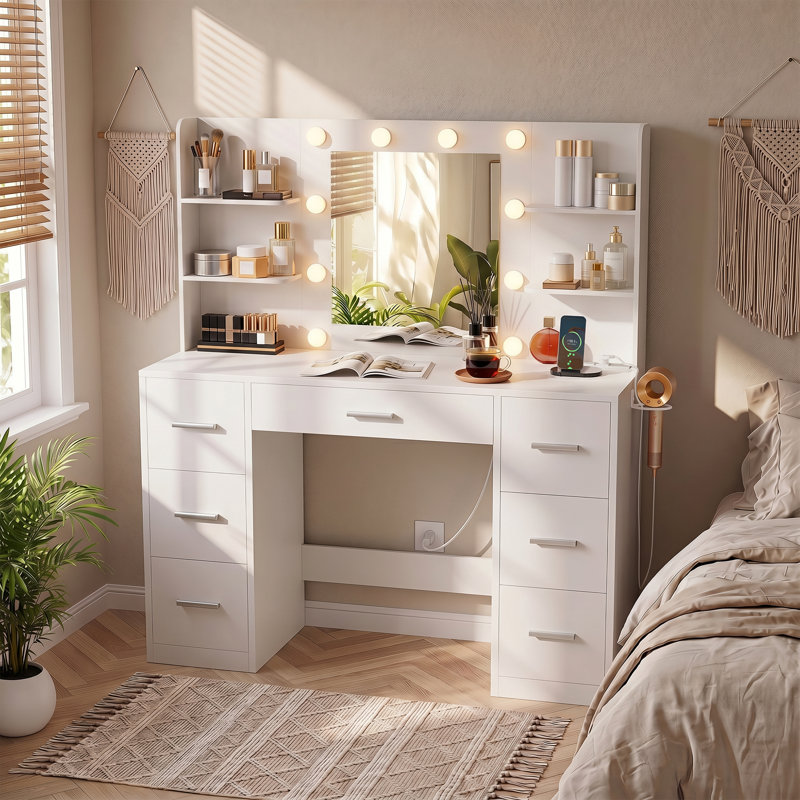 Coiffeuse de maquillage avec prise de courant rapide de type C à charge rapide de 20 W et 3 lumières à luminosité réglable (sans tabouret de coiffeuse)