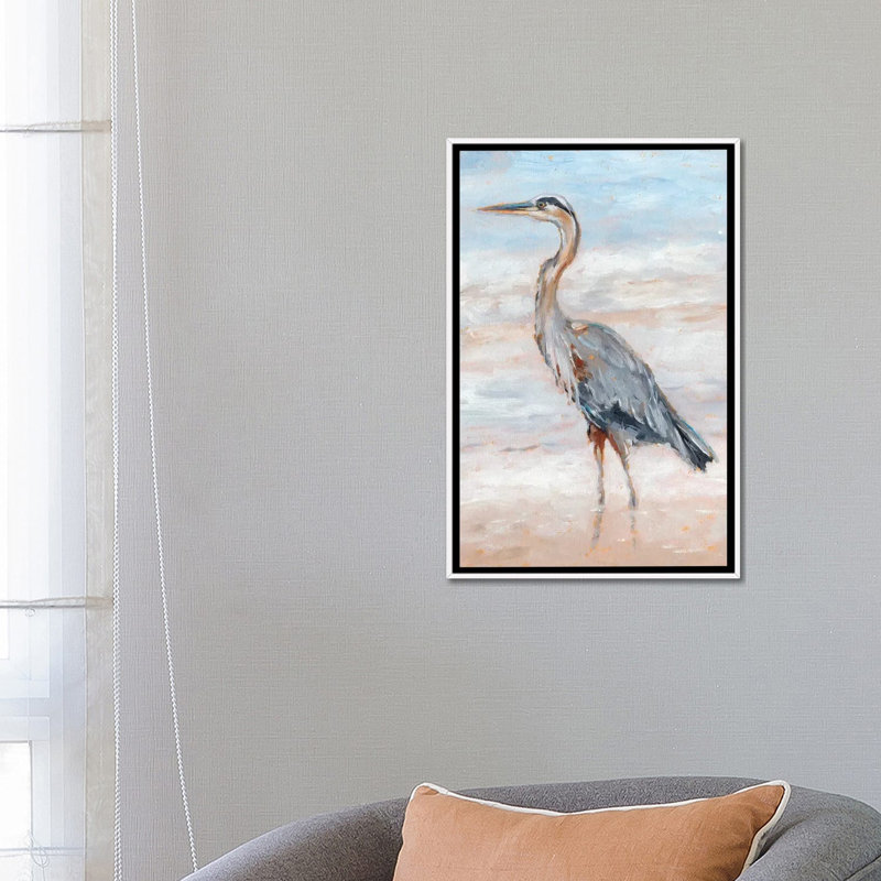 «Beach Heron II» par Ethan Harper - reproduction d'art, H 26 po x l 18 po x 1,5 po, Toile blanche encadrée, Pas de tapis