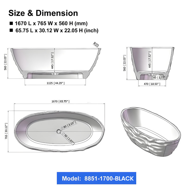 65.7 Freestanding Bathtub Solid Surface Resin Soaking Bathtub, Black