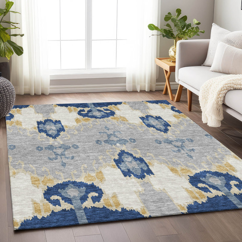 Premium Machine Washable Prisco Navy Rug, Rectangle 5' x 7'6"