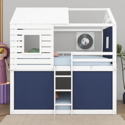 Lit double superposé en bois avec tente, cadre de lit superposé avec fenêtres pour enfants, garçons et filles